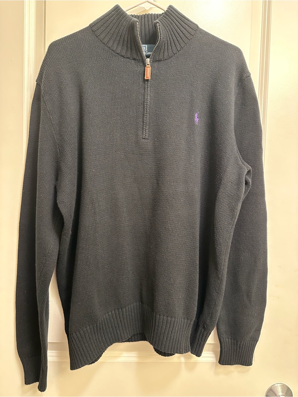 Ralph Lauren Men's Quarter-Zip Sweater in Black with Purple Pony - Picture 2 of 7